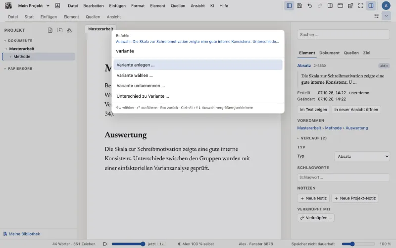 Das Command Tool, über dem Text geöffnet und nach dem Eingetippten gefiltert.