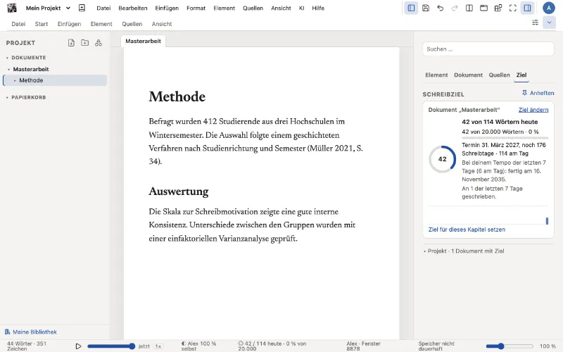 Der Tab „Ziel“ in der Seitenleiste mit Wortziel, Tagesring und bisherigem Fortschritt.