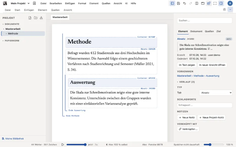 Dasselbe Kapitel mit sichtbar gemachten Elementen: Jede Überschrift ist ein Container, jeder Absatz ein Element mit eigener ID.