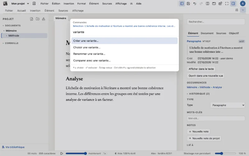 Le Command Tool ouvert au-dessus du texte, filtré selon la saisie.