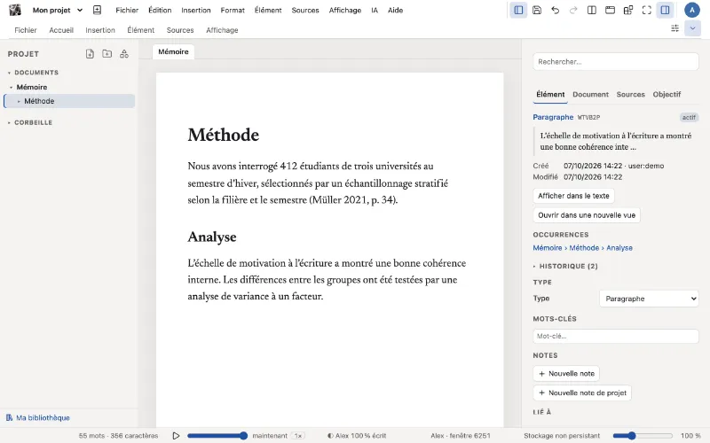 L’éditeur de WriteFlow : au centre un chapitre, à gauche l’aperçu du projet, à droite le panneau de l’élément avec les versions du paragraphe en cours.