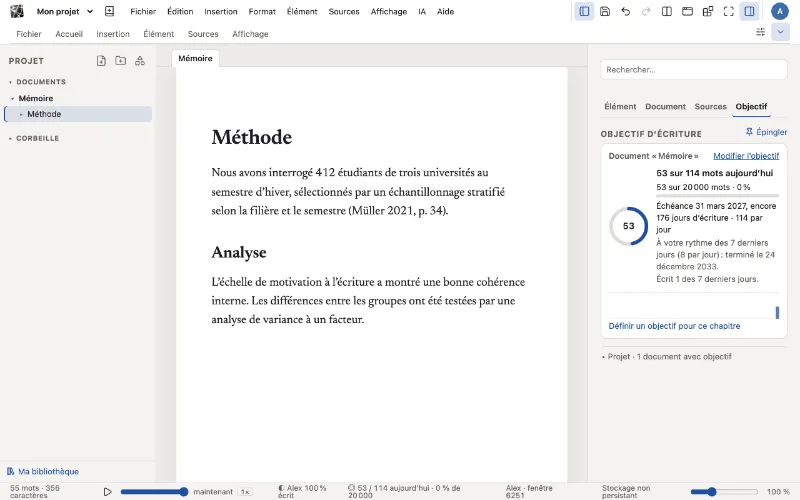 L’onglet « Objectif » de la barre latérale avec un objectif de mots, l’anneau du jour et la progression.