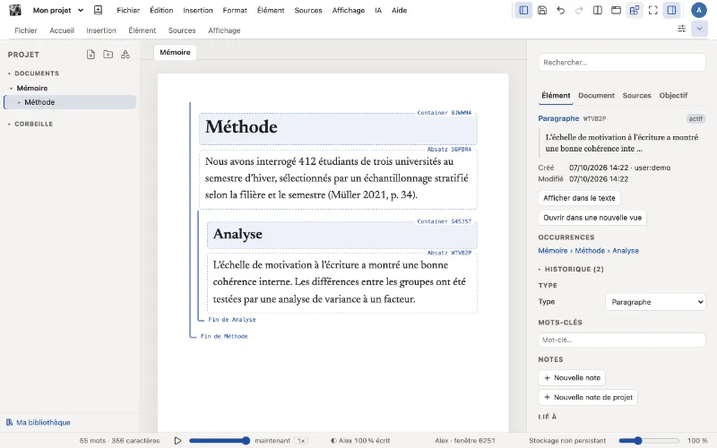 Le même chapitre avec ses éléments rendus visibles : chaque titre est un conteneur, chaque paragraphe un élément avec son propre identifiant.